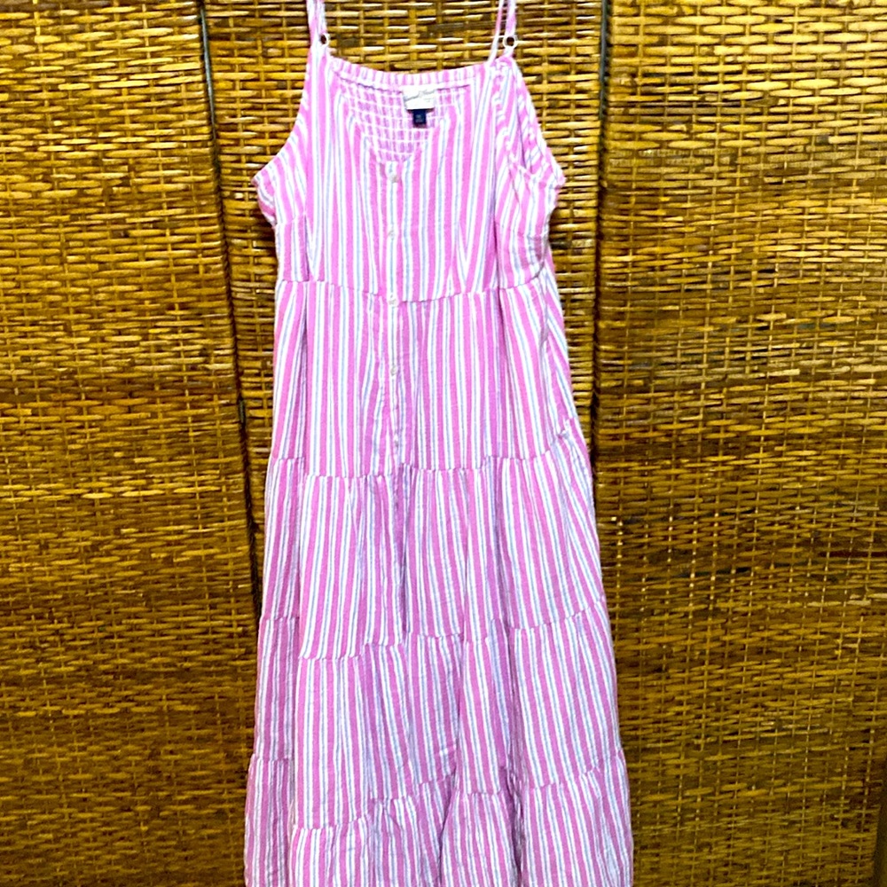 EUC Old Navy Pink black white candy, Stripe Strappy Maxi Shift Dress pockets XXL